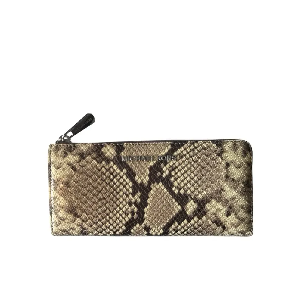 Michael Kors Wallet Zip Around Beige Snakeskin Leather Jet Set Continental